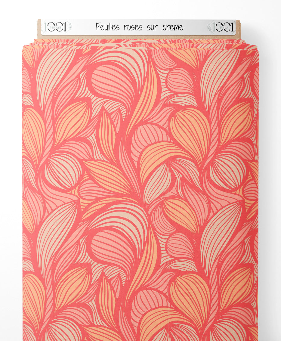 Tissu - Feuilles roses sur crème