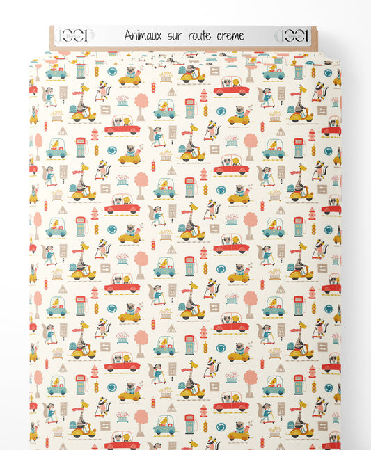 Tissu - Animaux sur route crème