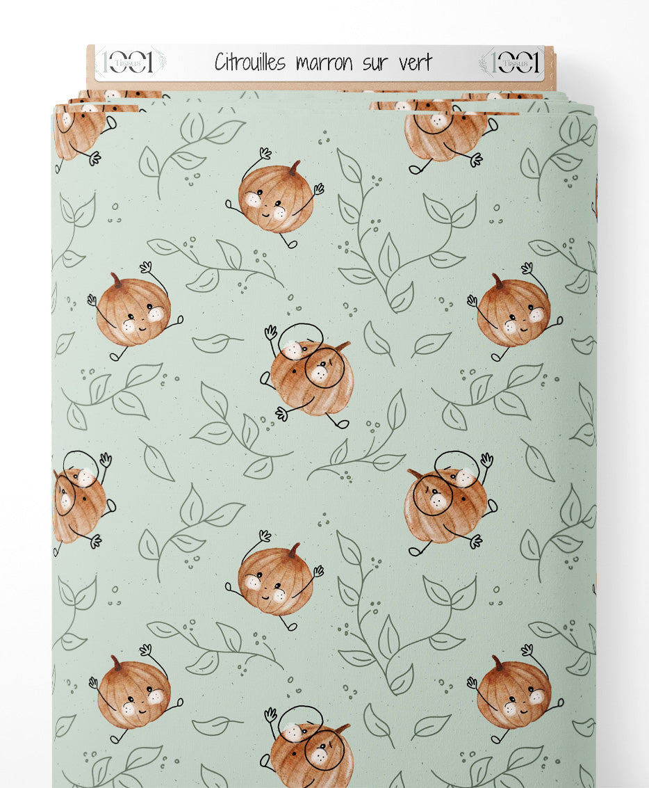 Tissu - Citrouilles marron sur vert