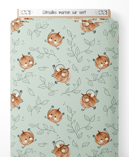 Tissu - Citrouilles marron sur vert