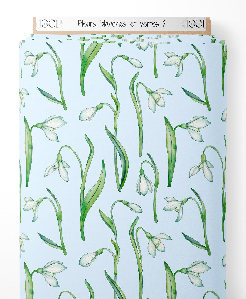 Tissu - Fleurs blanches et vertes 2