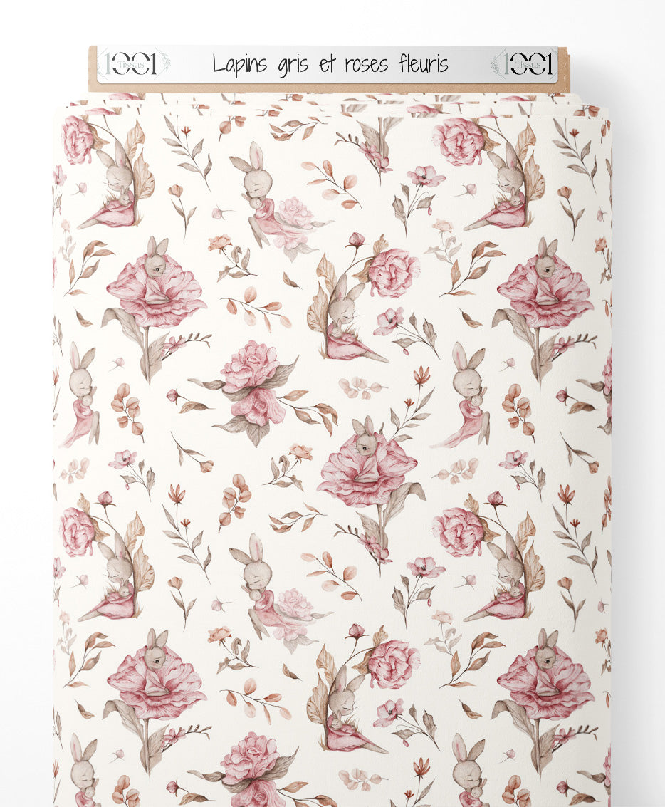 Tissu - Lapins gris et roses fleuris
