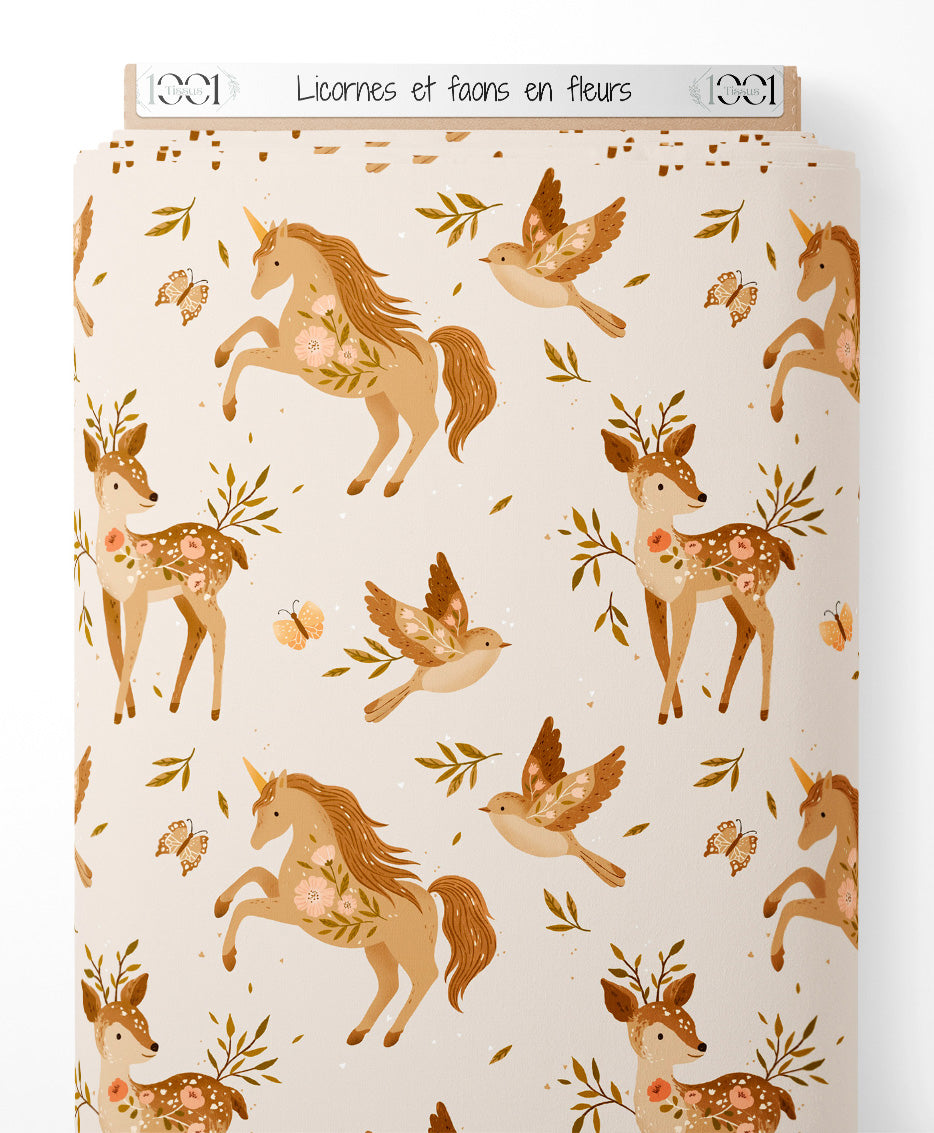 Tissu - Licornes et faons en fleurs