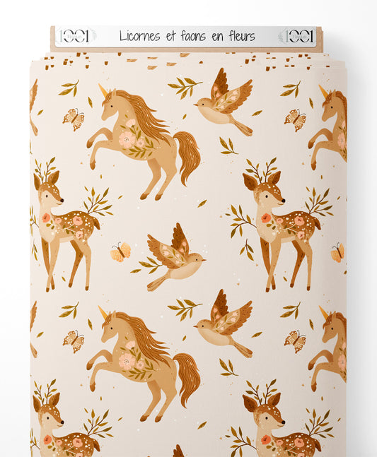 Tissu - Licornes et faons en fleurs