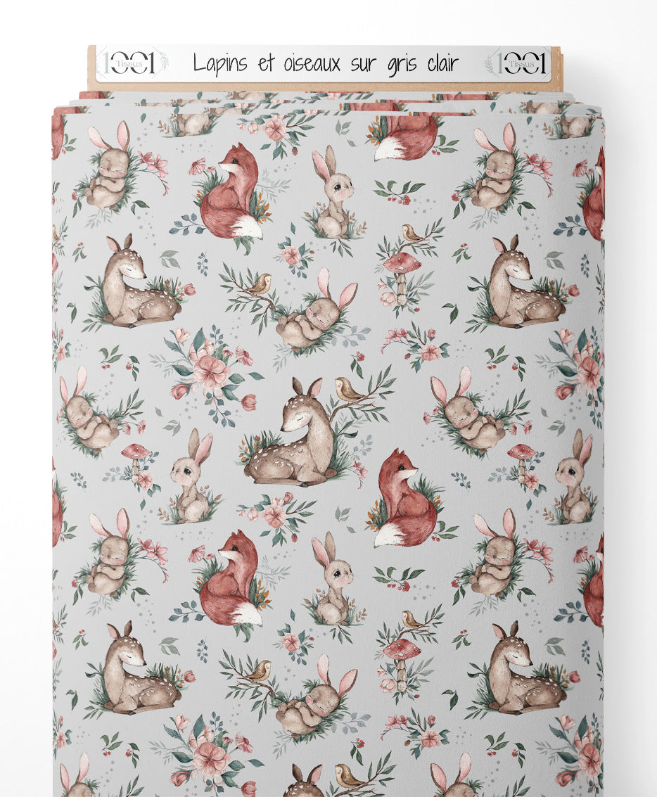 Tissu - Lapins et oiseaux sur gris clair