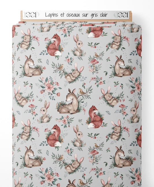 Tissu - Lapins et oiseaux sur gris clair