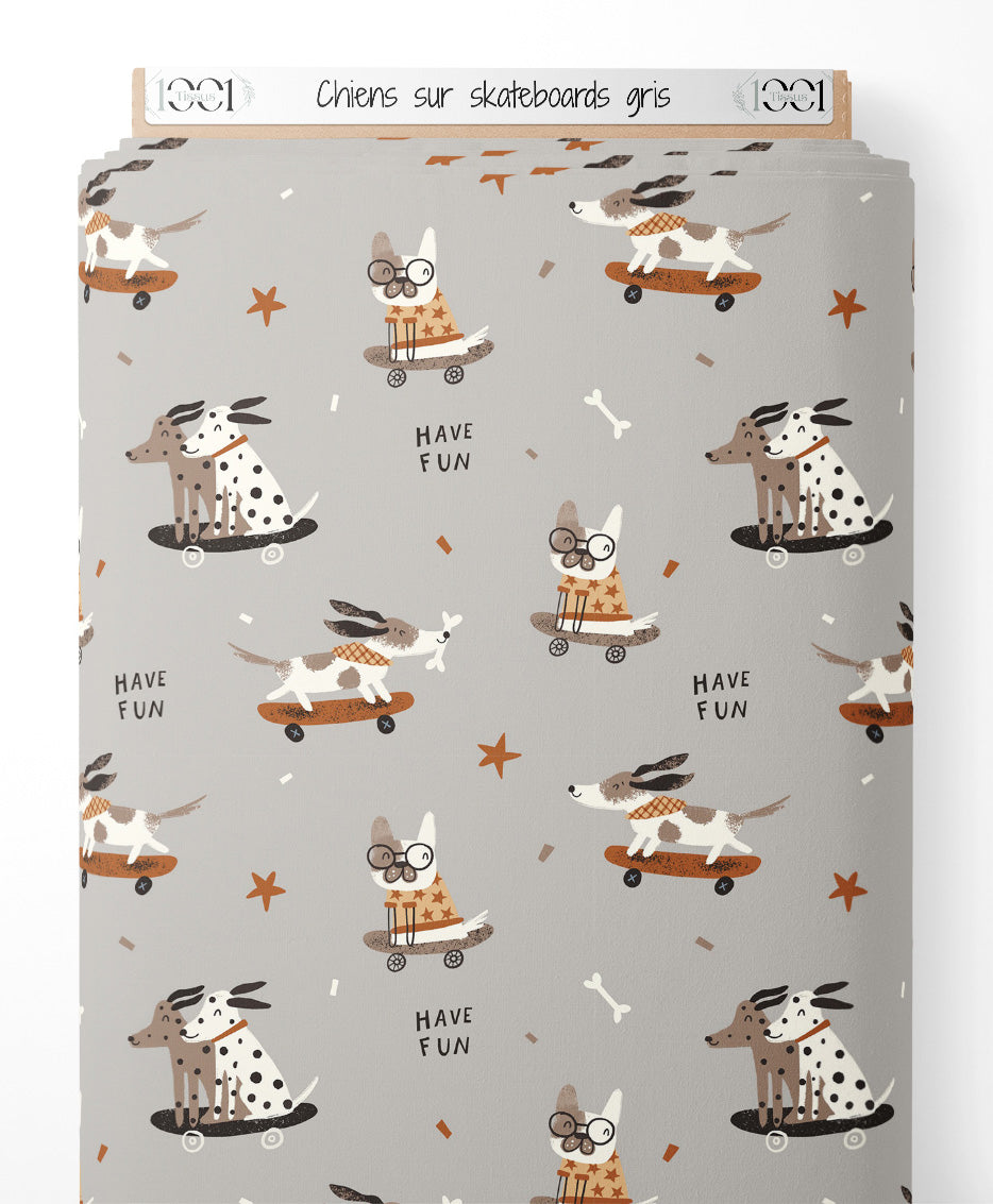 Tissu - Chiens sur skateboards gris