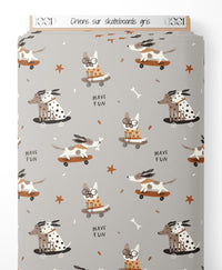 Tissu - Chiens sur skateboards gris