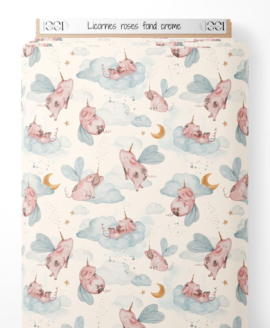 Tissu - Licornes roses sur fond crème