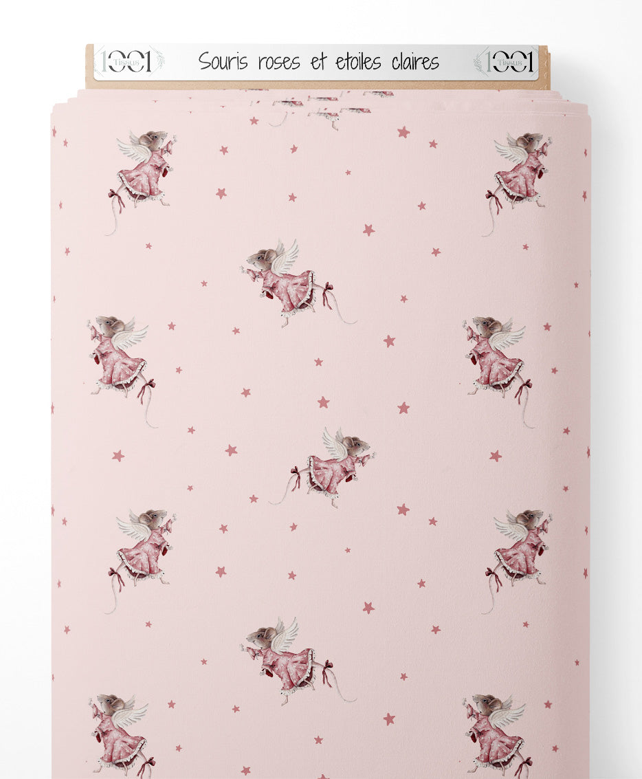 Tissu - Souris roses et étoiles claires