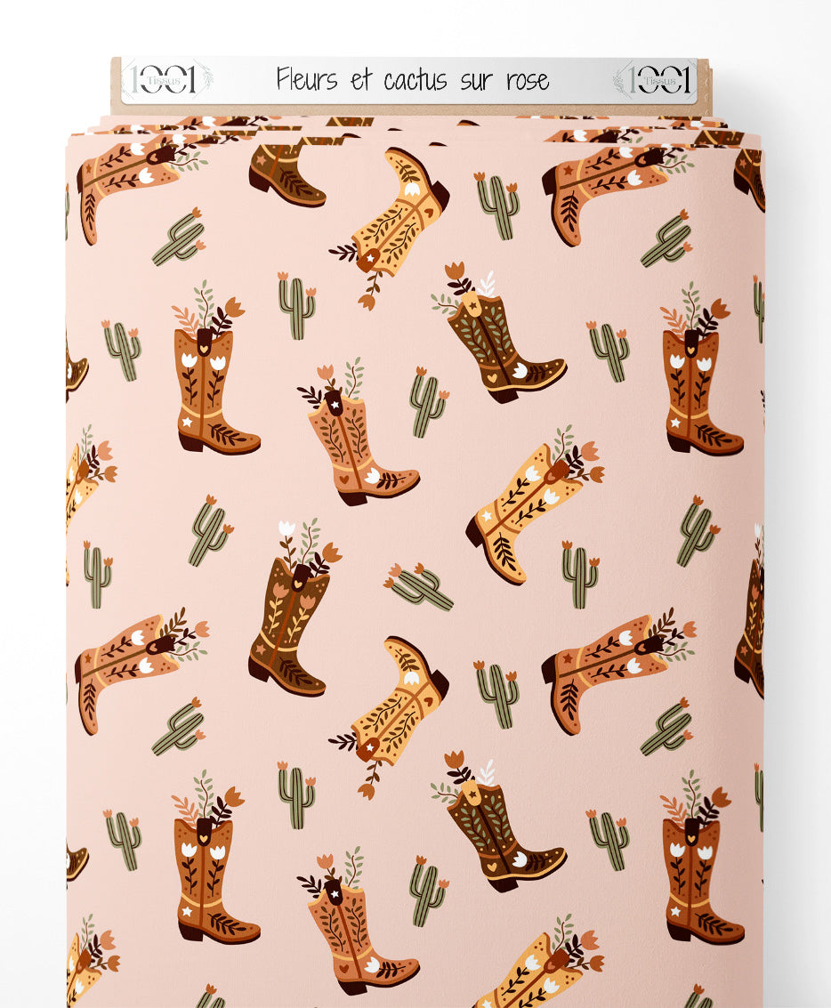 Tissu - Fleurs et cactus sur rose
