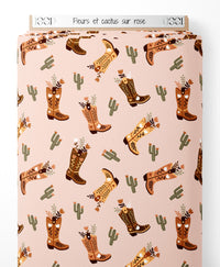 Tissu - Fleurs et cactus sur rose