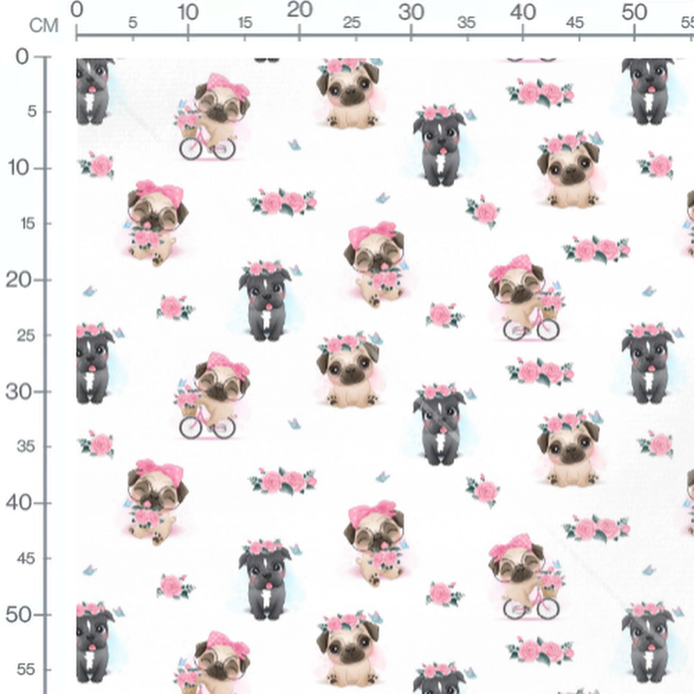 Tissu - Chiots avec fleurs roses