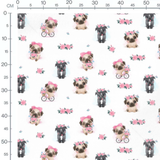 Tissu - Chiots avec fleurs roses