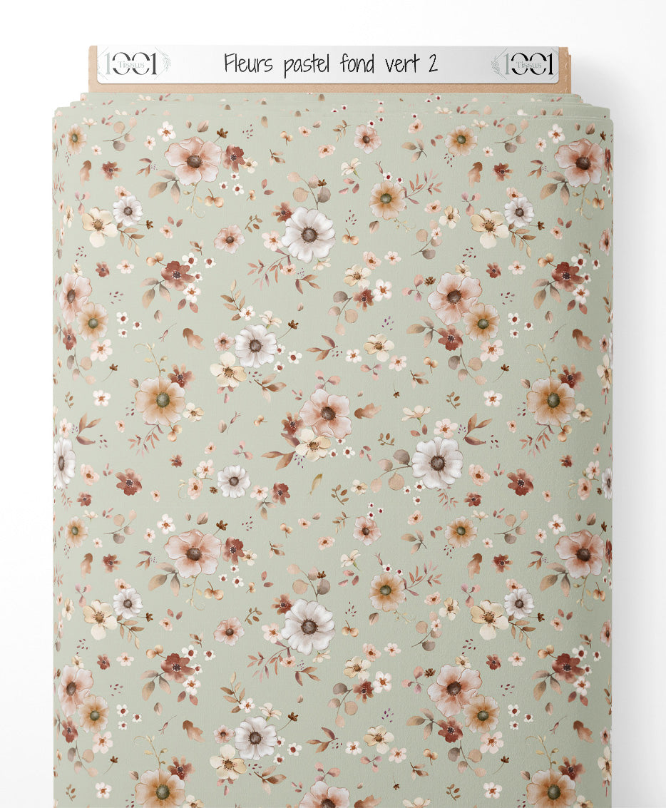Tissu - Fleurs pastel sur fond vert 2