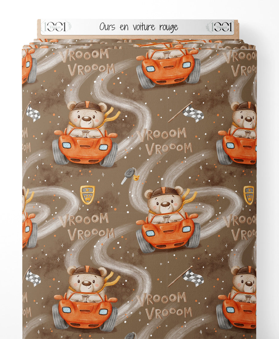 Tissu - Ours en voiture rouge