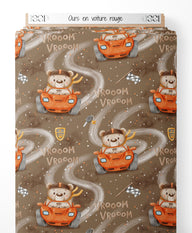 Tissu - Ours en voiture rouge