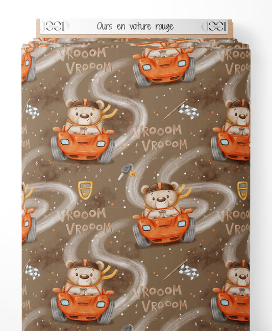 Tissu - Ours en voiture rouge