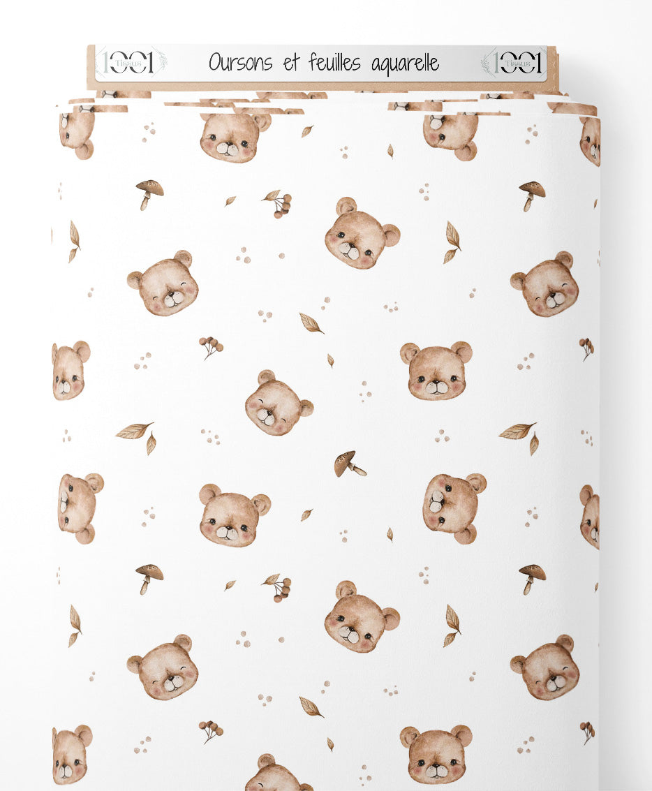 Tissu - Oursons et feuilles aquarelle