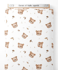 Tissu - Oursons et feuilles aquarelle
