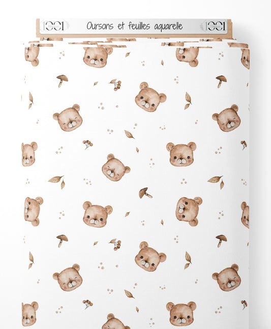 Tissu - Oursons et feuilles aquarelle