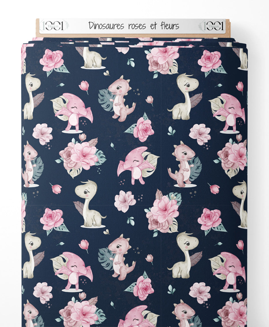 Tissu - Dinosaures roses et fleurs