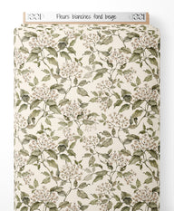 Tissu - Fleurs blanches sur fond beige