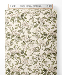 Tissu - Fleurs blanches sur fond beige
