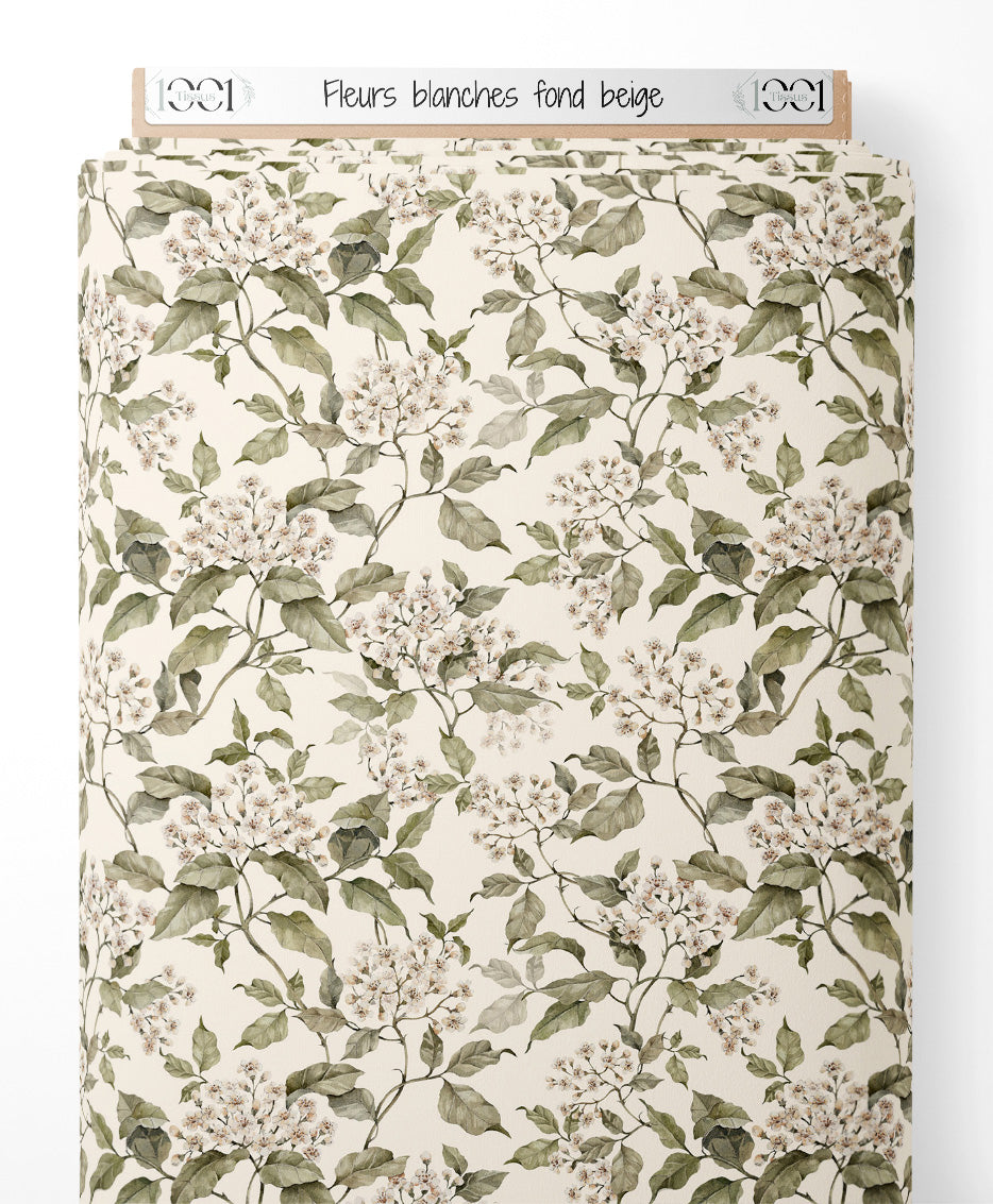 Tissu - Fleurs blanches sur fond beige