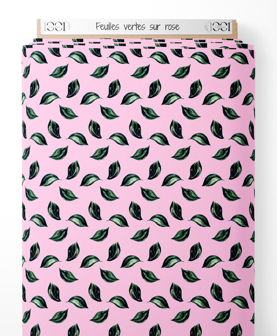 Tissu - Feuilles vertes sur rose