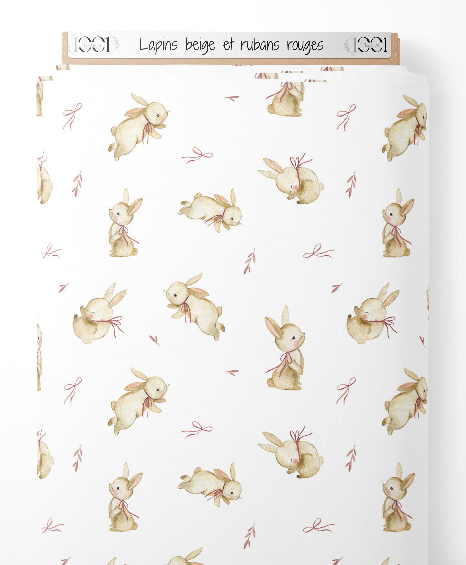Tissu - Lapins beige et rubans rouges