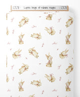 Tissu - Lapins beige et rubans rouges