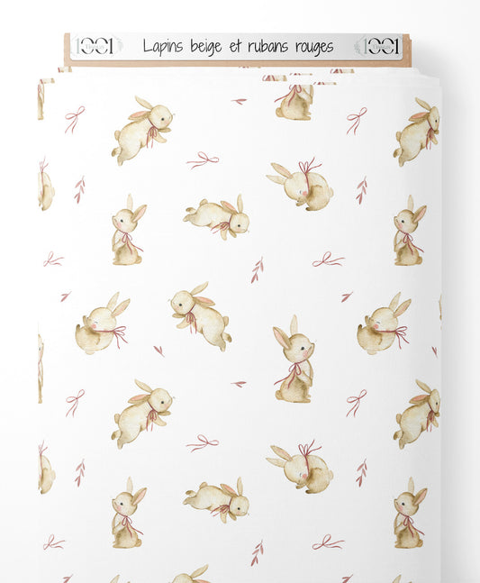 Tissu - Lapins beige et rubans rouges