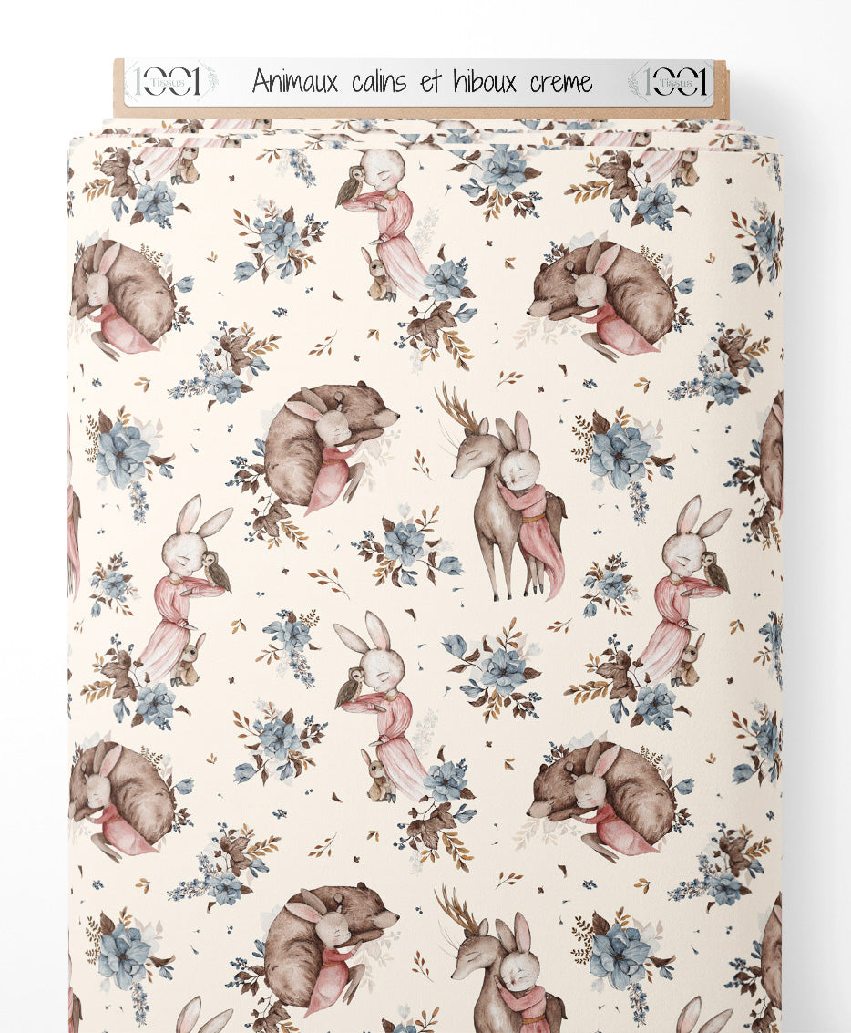 Tissu - Animaux câlins et hiboux crème