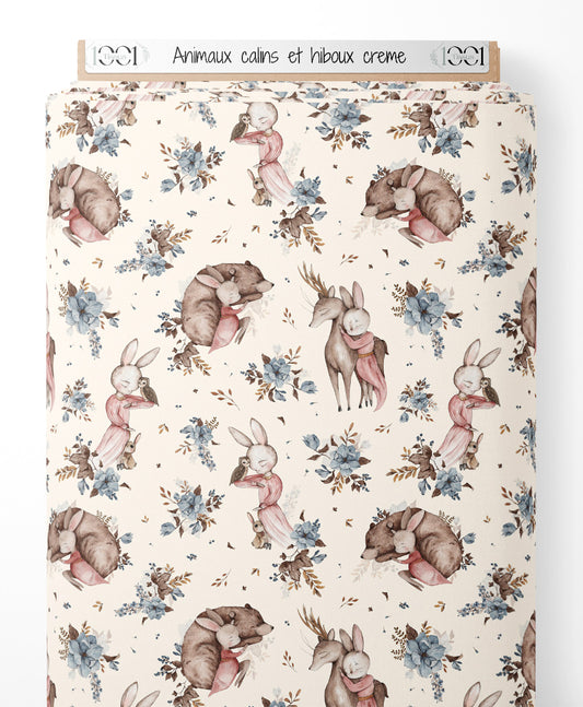 Tissu - Animaux câlins et hiboux crème