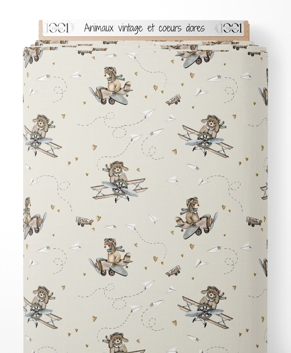 Tissu - Animaux vintage et cœurs dorés