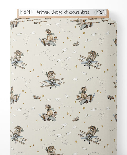 Tissu - Animaux vintage et cœurs dorés