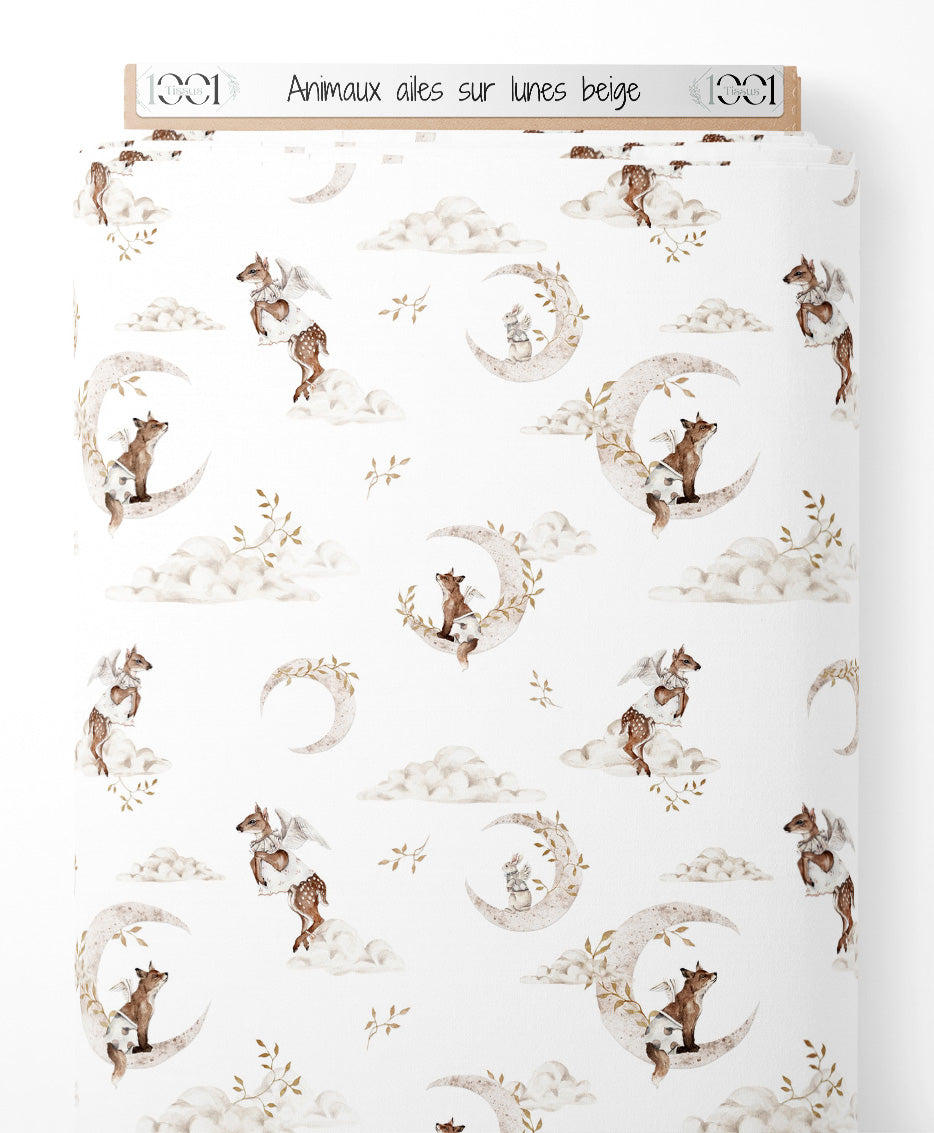 Tissu - Animaux ailés sur lunes beige