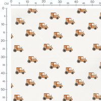 Tissu - Tracteurs marron sur blanc
