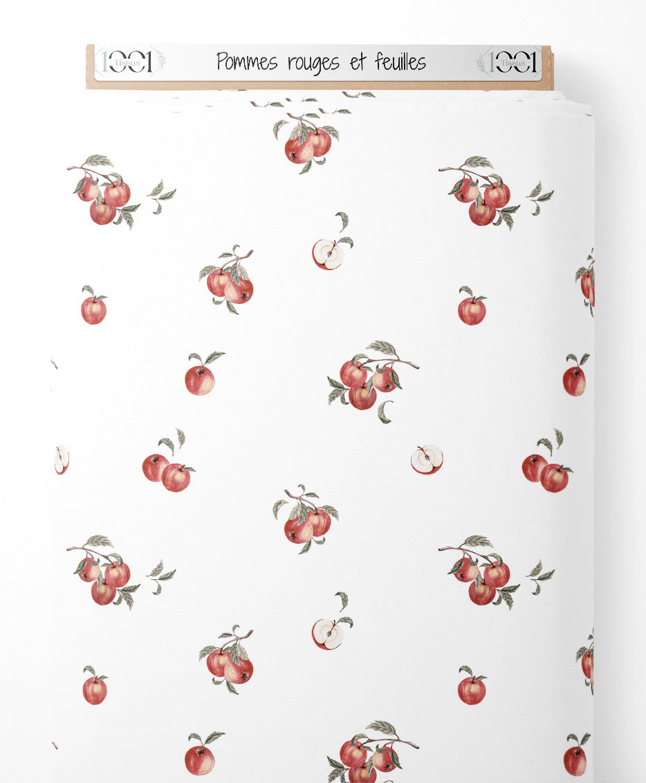 Tissu - Pommes rouges et feuilles