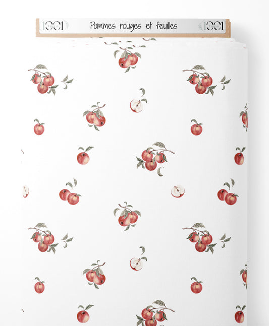 Tissu - Pommes rouges et feuilles