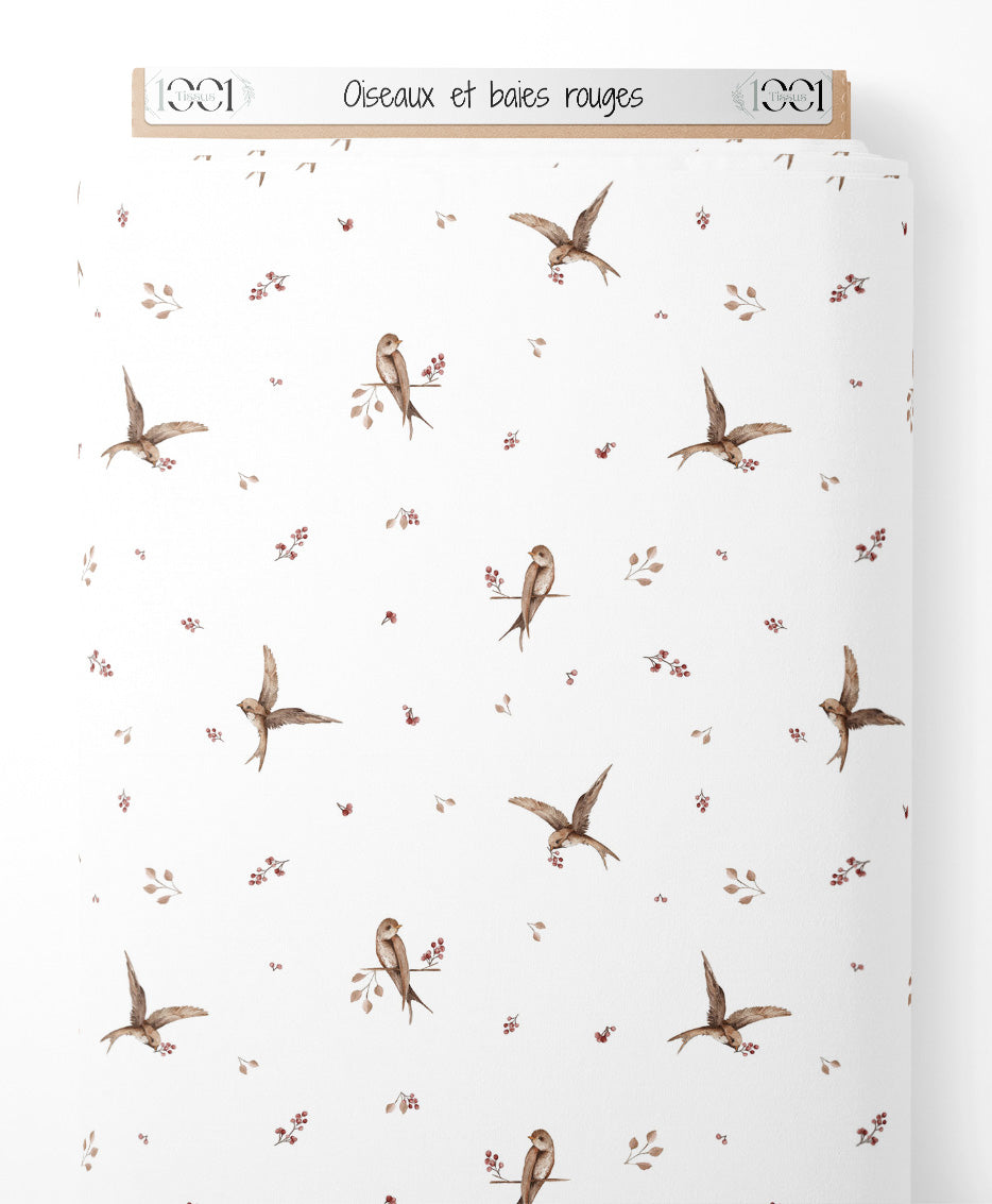 Tissu - Oiseaux et baies rouges
