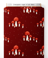 Tissu - Champignons rouges et pois blancs