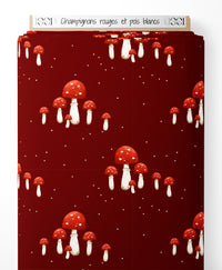 Tissu - Champignons rouges et pois blancs
