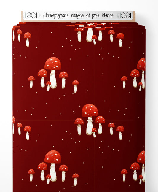 Tissu - Champignons rouges et pois blancs