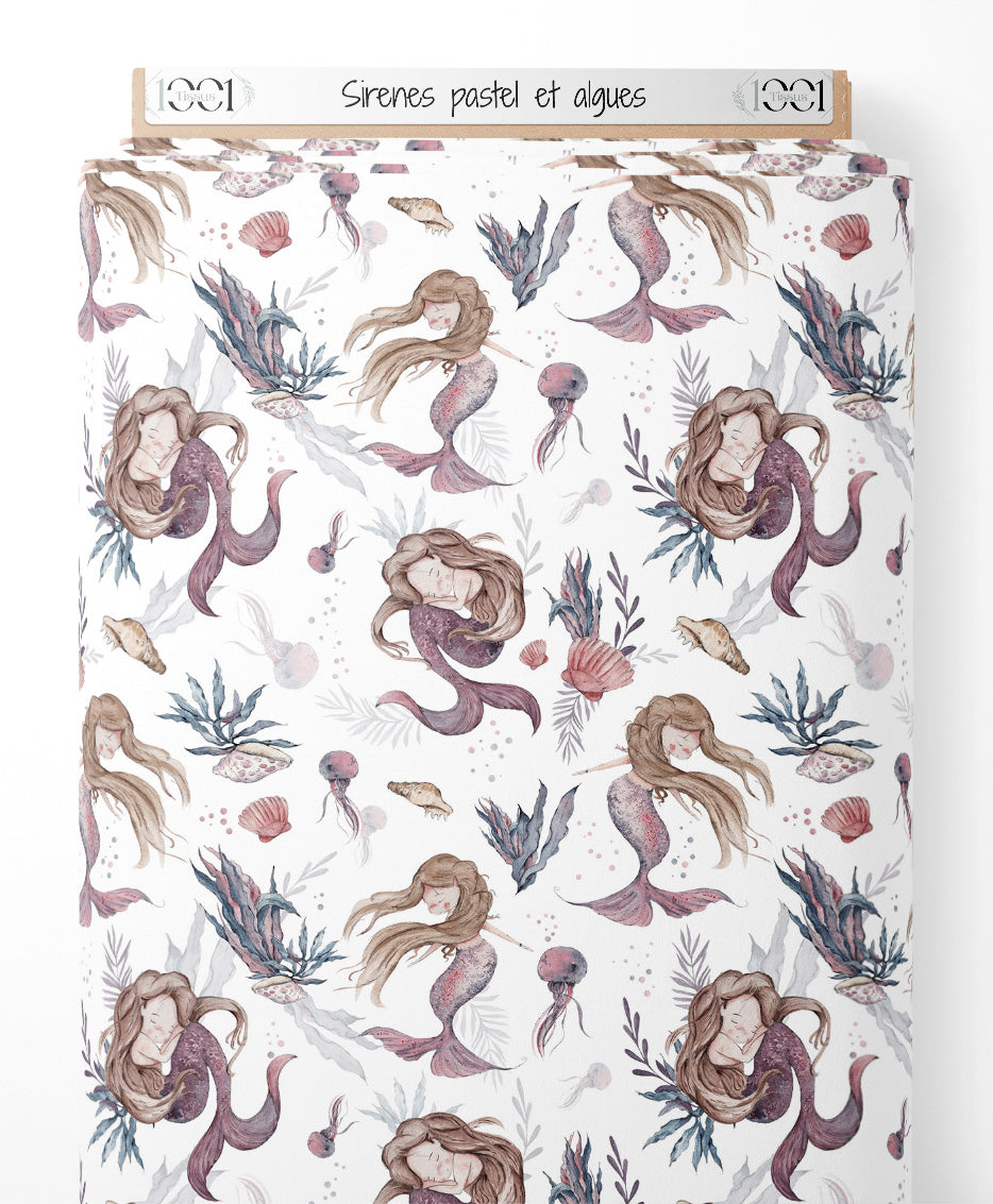 Tissu - Sirènes pastel et algues
