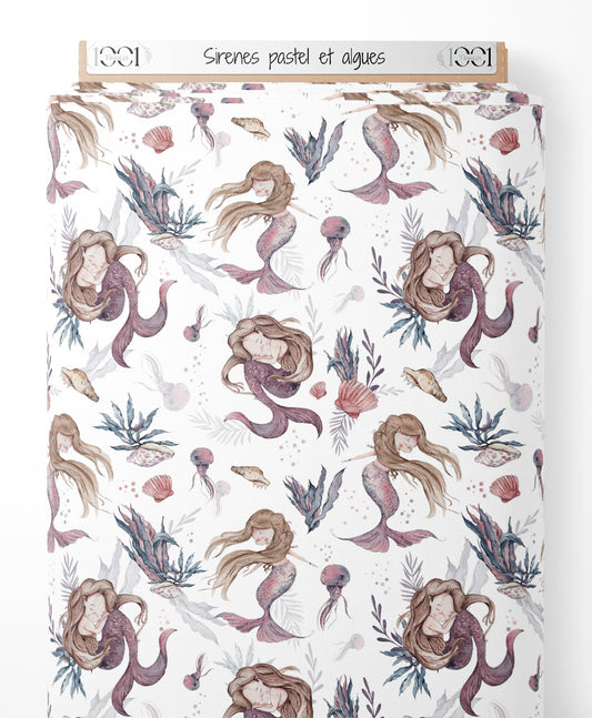 Tissu - Sirènes pastel et algues