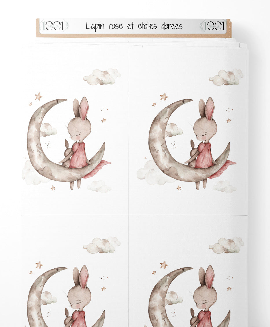 Tissu - Lapin rose et étoiles dorées