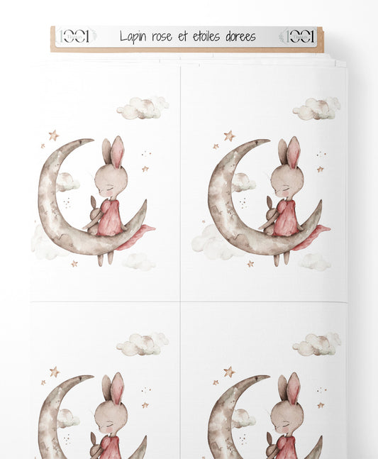 Tissu - Lapin rose et étoiles dorées