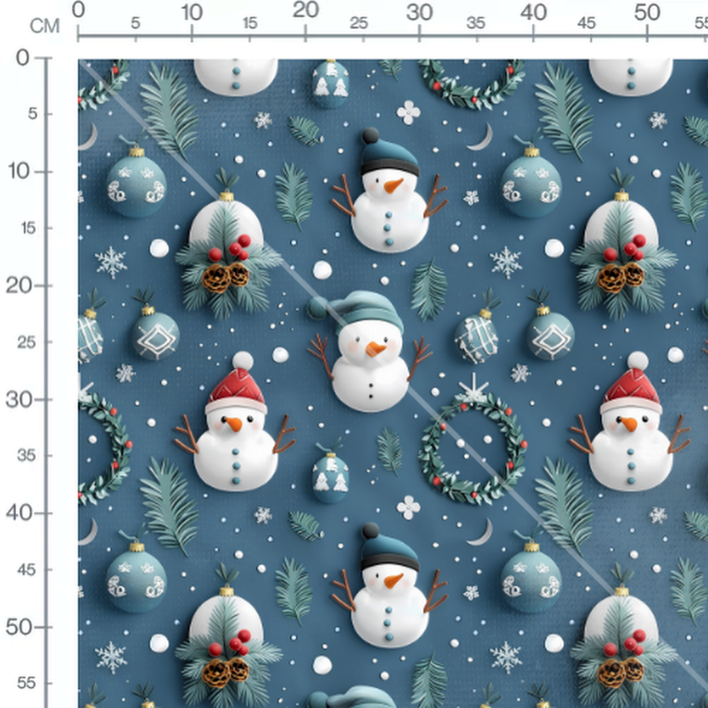 Tissu - bonhommes de neige fond bleu fonce 3D